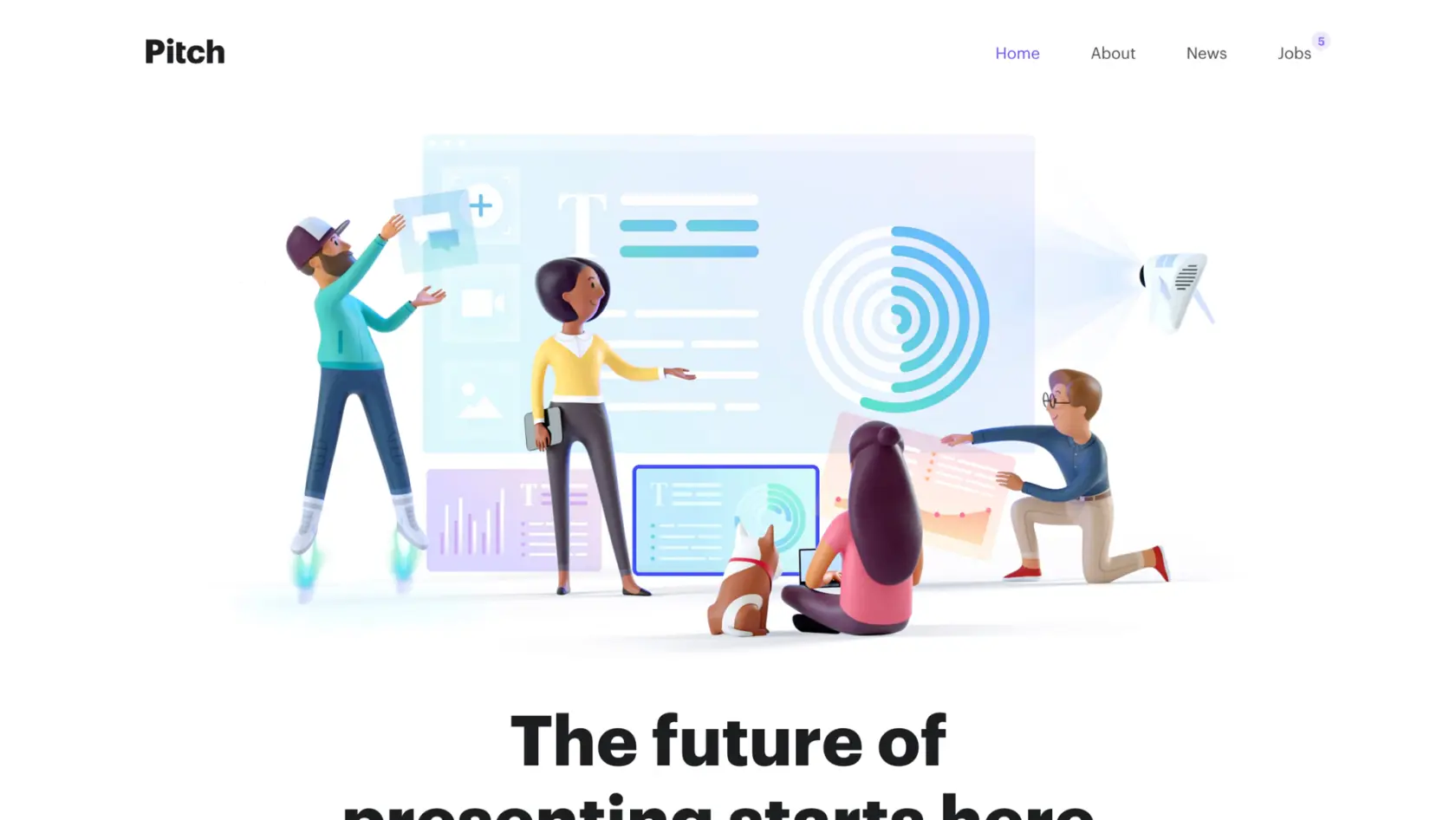 Illustration of four stylized characters collaborating with interactive digital elements, with text 'The future of presenting starts here' on a website header.
