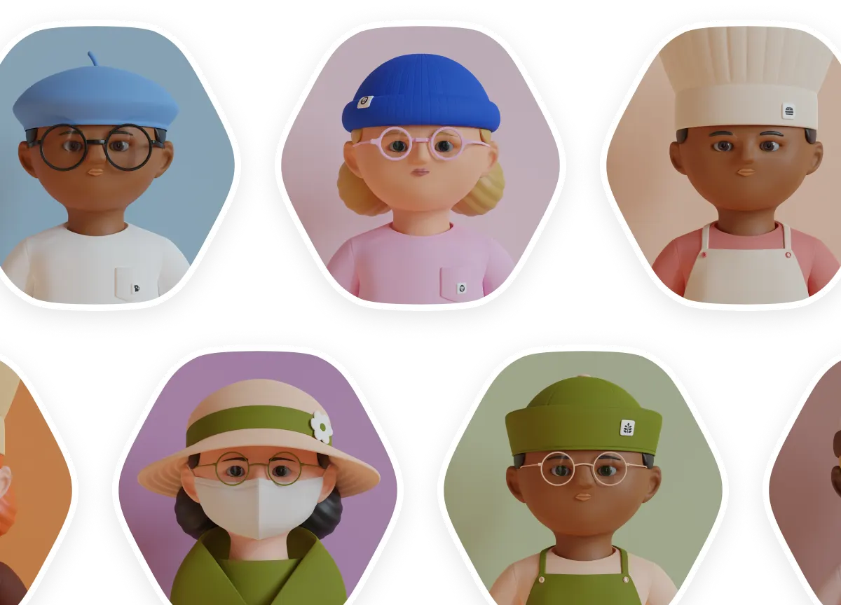 Six portraits of stylized characters with various hats and glasses.