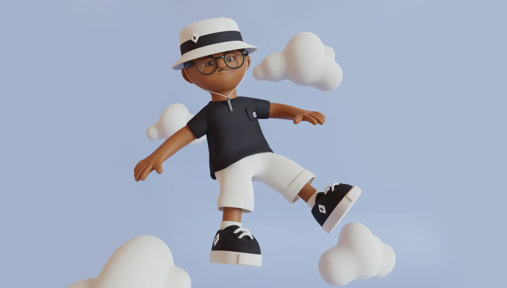 3D-rendered figure with glasses and hat walking on clouds, sporting a black shirt, white shorts, and black shoes.