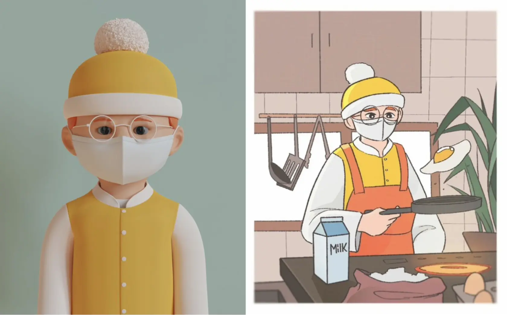 Illustration of a character in yellow headwear and glasses wearing a white mask; second illustration of same character flipping a pancake, with 'MILK' carton on counter.