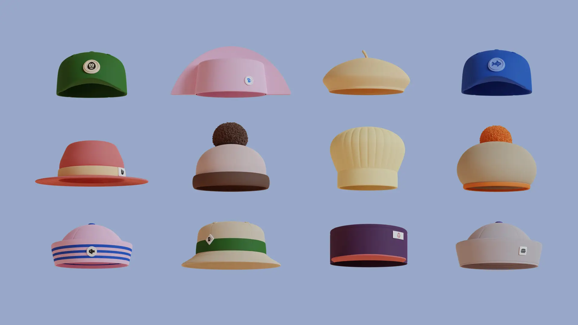 Collection of twelve different hats showcasing various styles and colors on a lavender background.