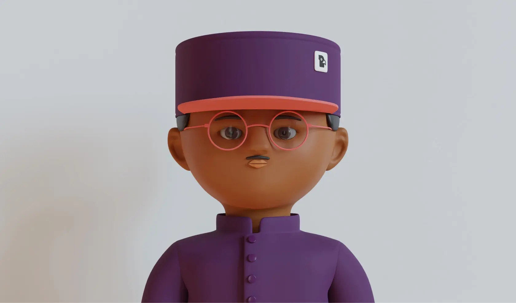 Stylized figure wearing a purple uniform with matching cap and pink-rimmed glasses, against a soft white background.