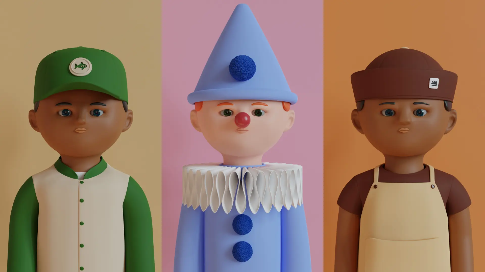Three stylized figures with distinct hats: left with a green cap, center in a blue party hat, right in a brown baker's cap, against tri-color background.