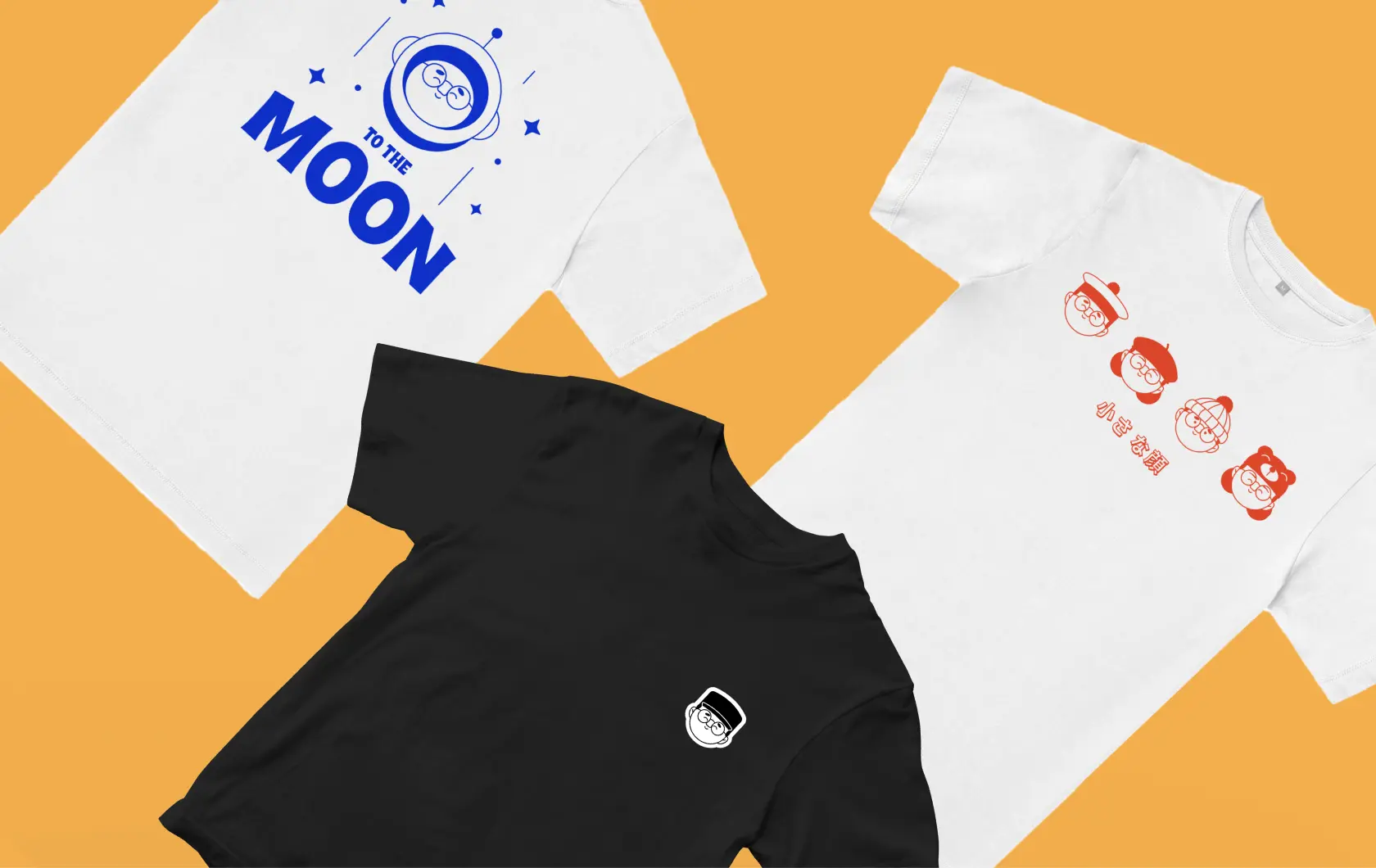Three T-shirts with graphics: left, white with blue 'TO THE MOON' text and astronaut design; center, black with small white astronaut emblem on chest; right, white with red caricatures and Asian characters.