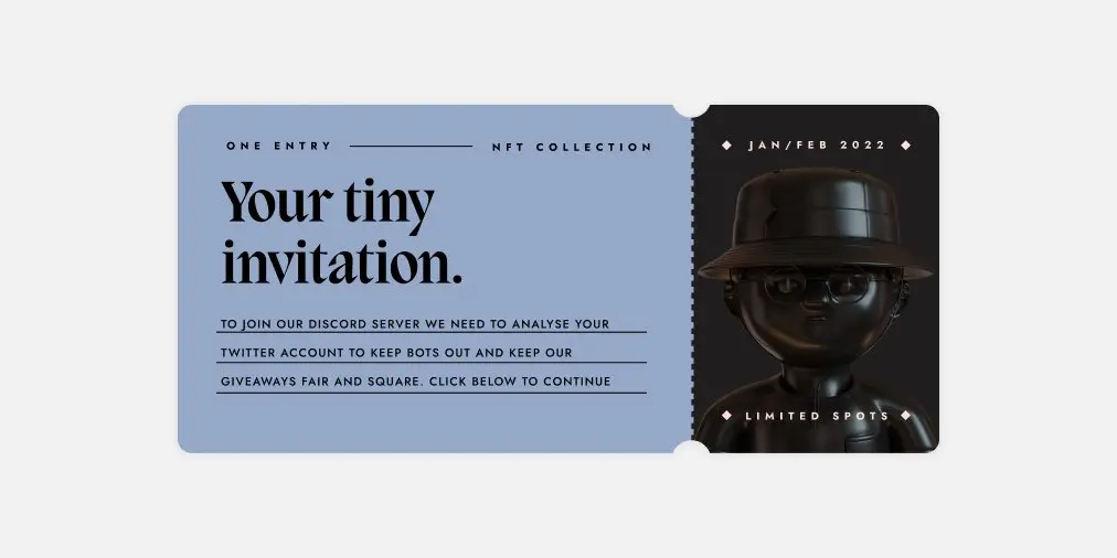 Pass for an NFT collection invitation featuring a stylized black figure with glasses and a hat, with text detailing Discord server entry conditions and giveaway fairness.