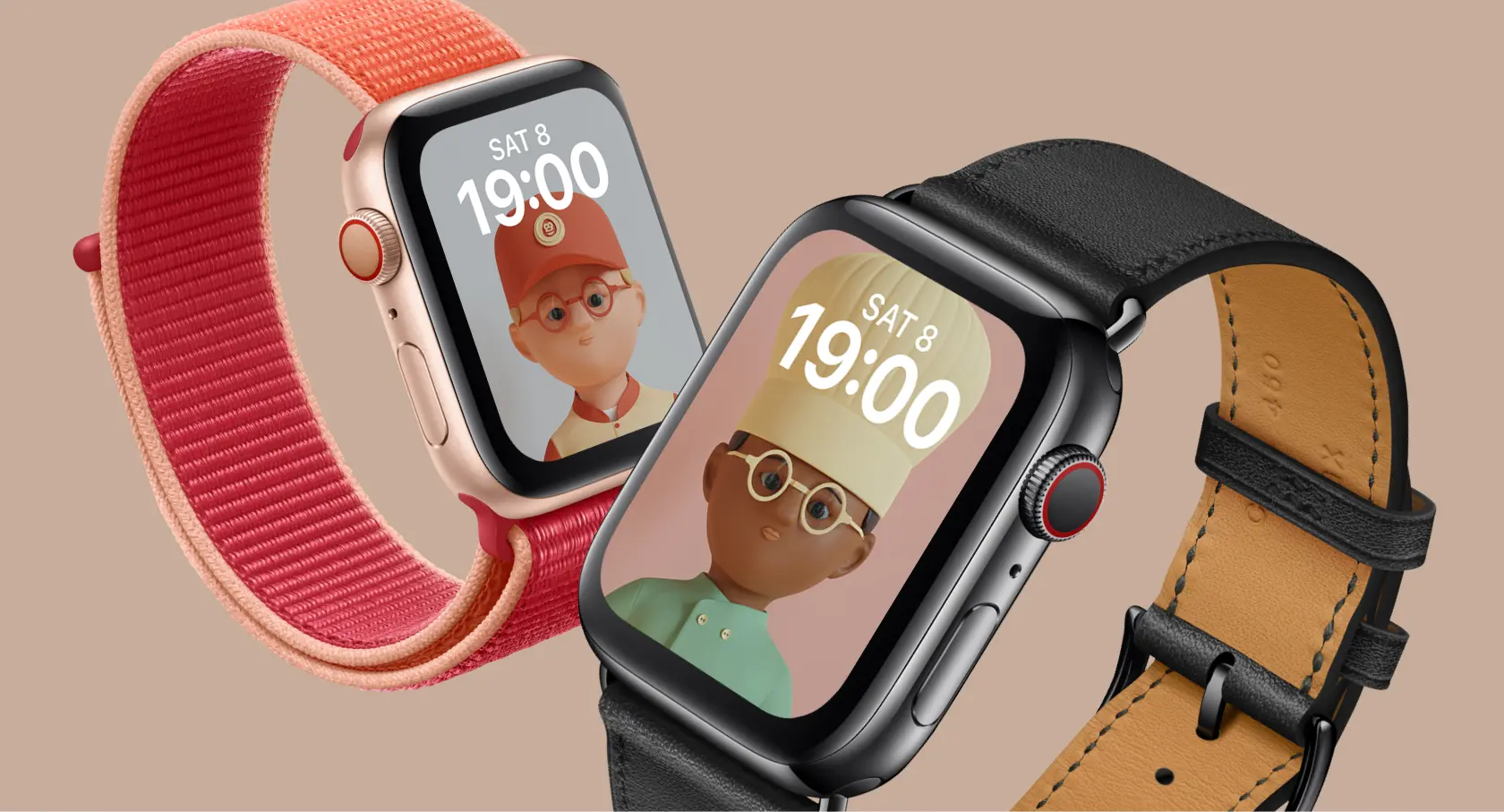 Two smartwatches with digital avatars on display, one with a red strap, the other with a black and tan strap.