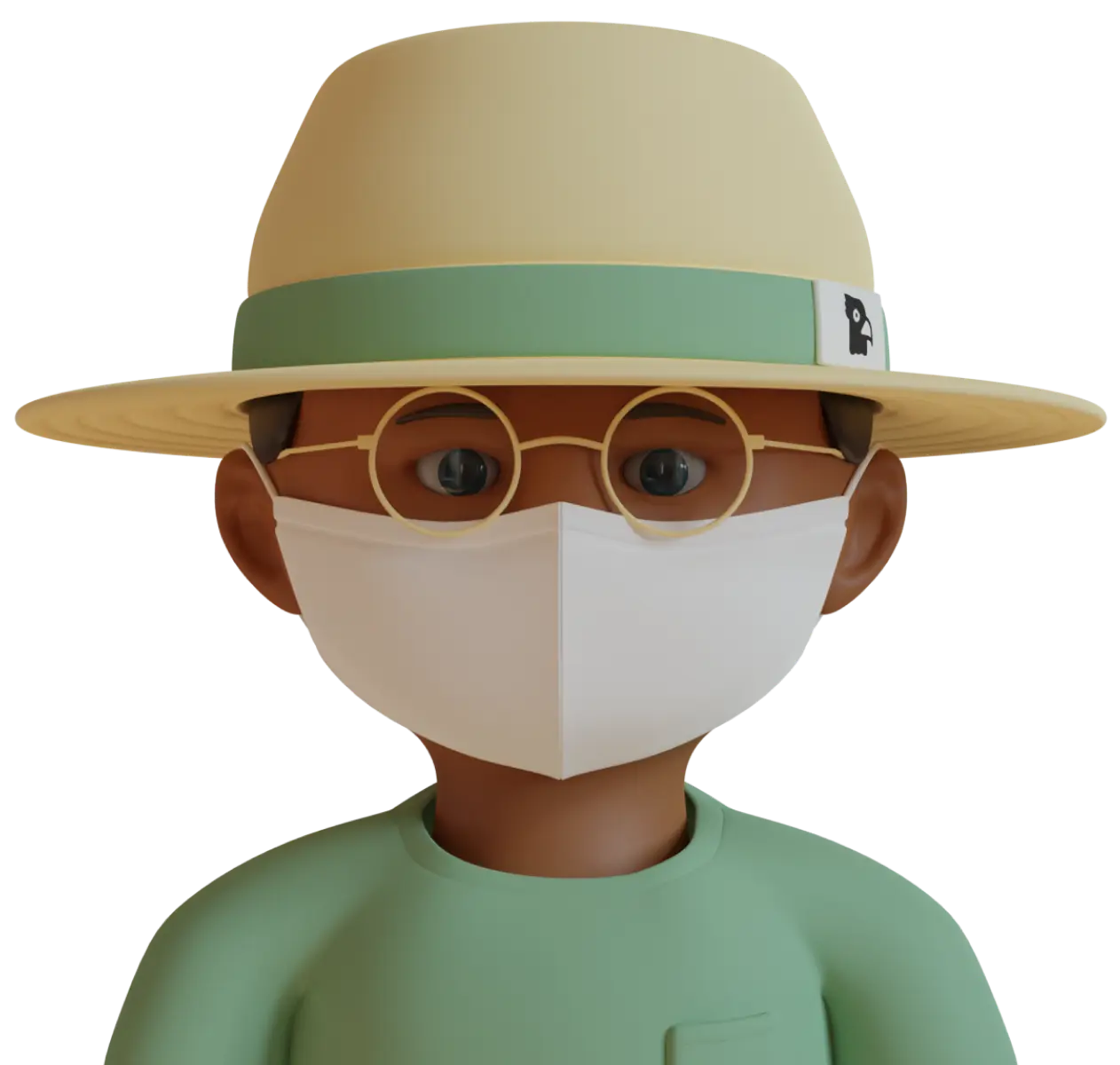 Character with beige hat, green band, round glasses, and white facemask; digital illustration.