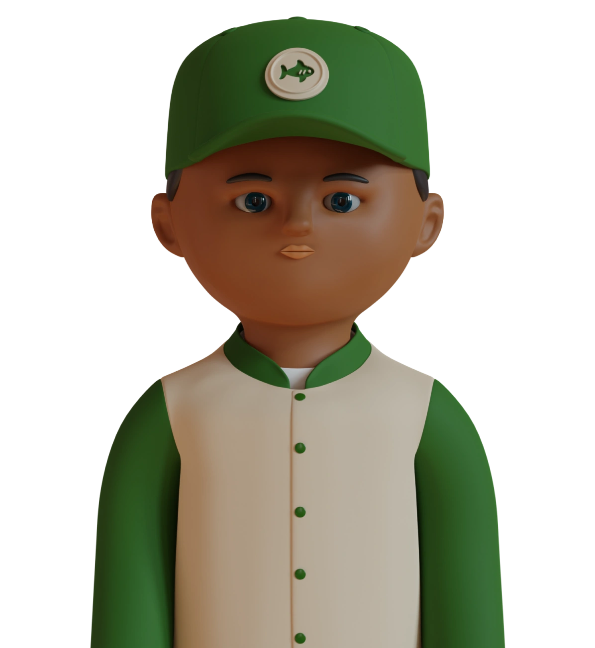 Character with green cap and baseball jersey, buttoned up, digital rendering.