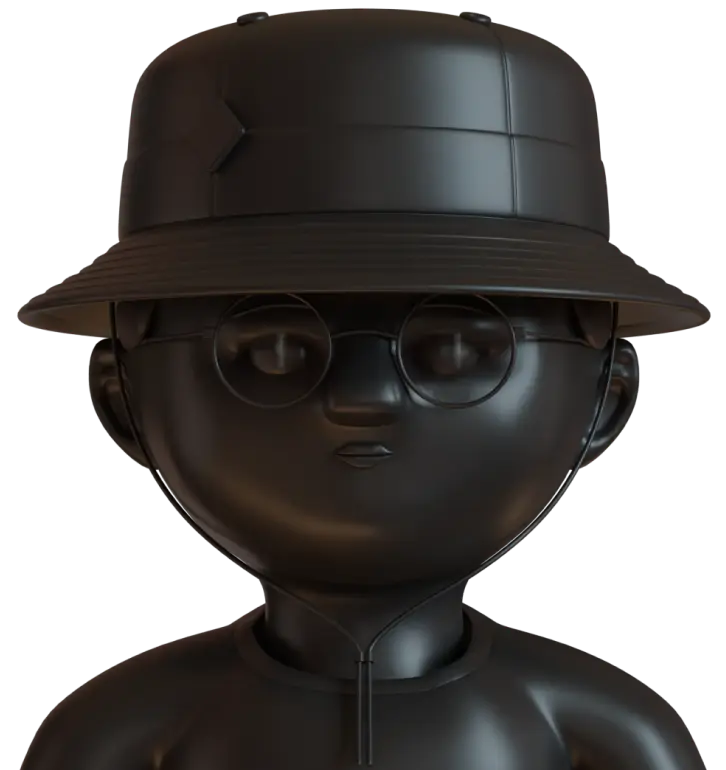 Black steel character wearing a bucket hat and round glasses, digital rendering.