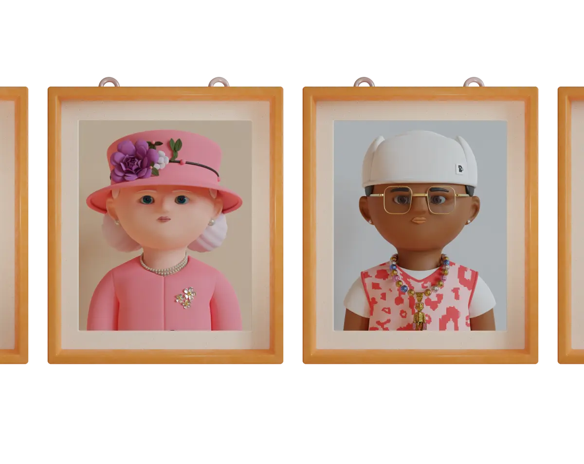 Framed portraits of two characters, one wearing a pink hat with flowers and the other in a white cap and glasses.
