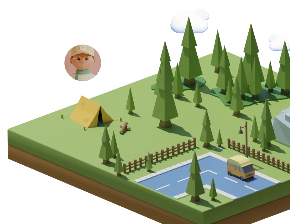 3D isometric illustration of a camping scene with trees, tent, van, and pool, including a circular character portrait.